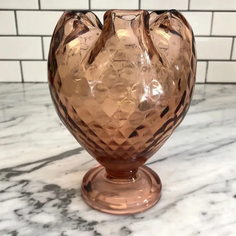 Fenton Vintage Cranberry Diamond Optic Glass Pedestal‎ Vase